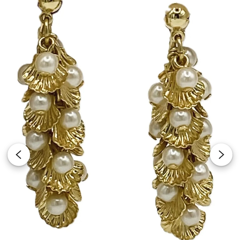 Avon Clip On Shel  Gold and White Pearl Cascading Earrings
